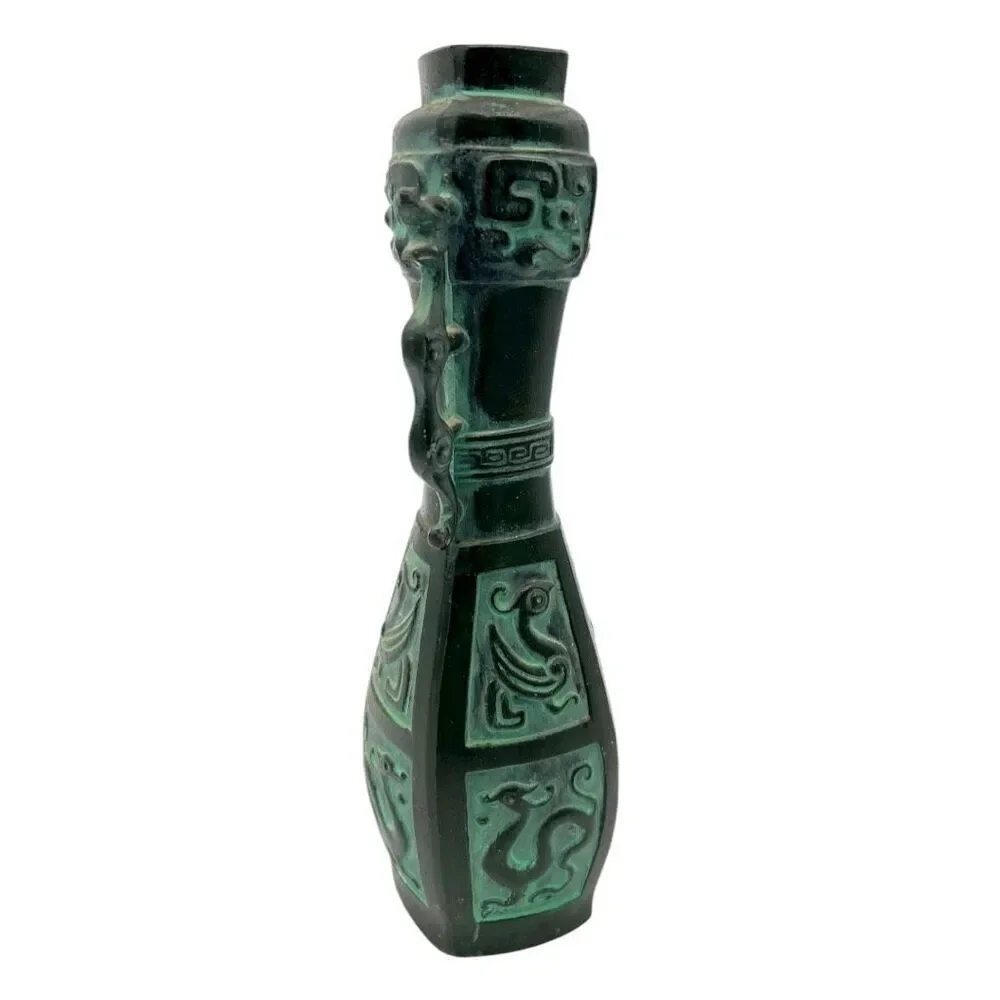 Chinese Vintage Flower Vase Kabin Ikebana Crane Zodiac Dragon Handle Talisman